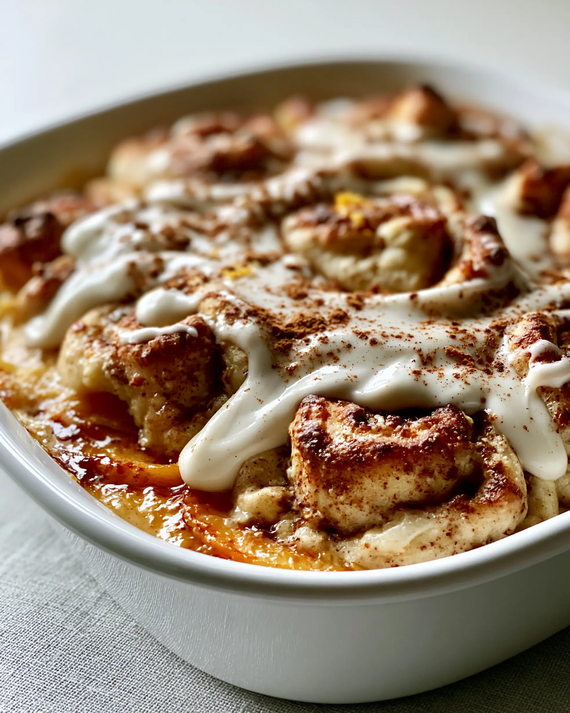 Peach Cobbler Cinnamon Rolls: The Ultimate Gooey Breakfast Mashup 3 Macro shot of fluffy cinnamon roll swirls with golden edges and caramelized peaches at the bottom. (peach cobbler cinnamon rolls)