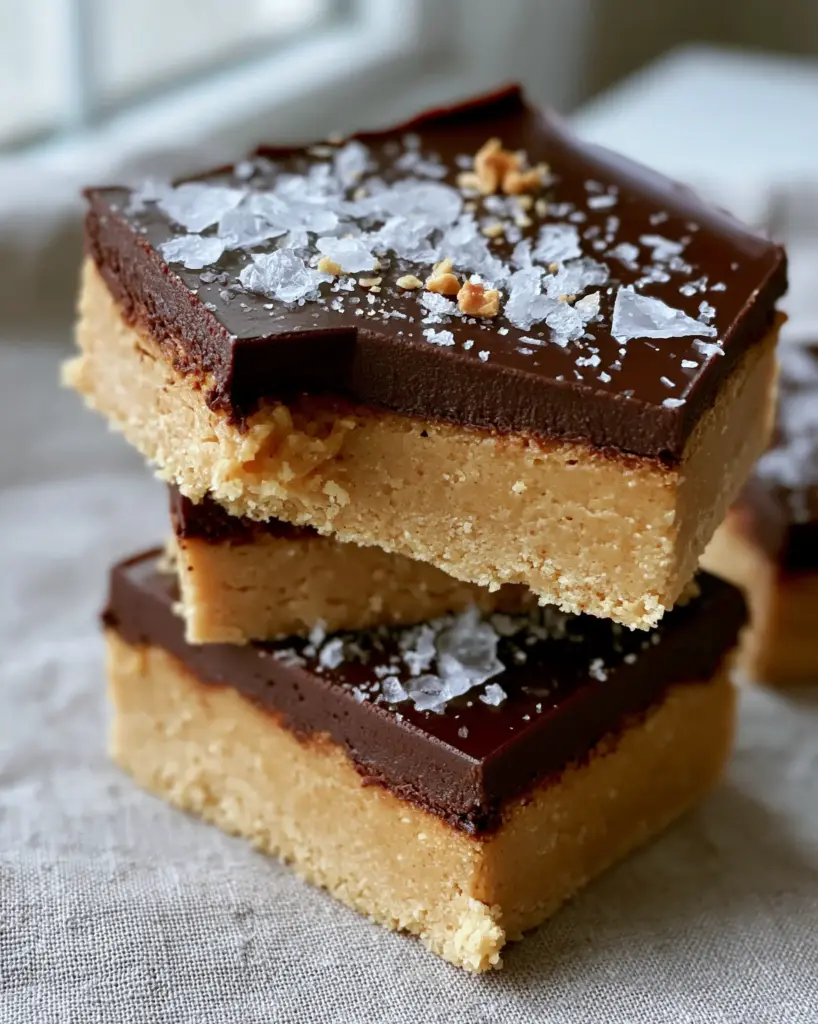 No-Bake Chocolate Peanut Butter Dessert with a Glossy Dark Chocolate Ganache 2 Macro shot of three stacked no-bake chocolate peanut butter dessert bars showing the sandy fudge texture and glossy top.