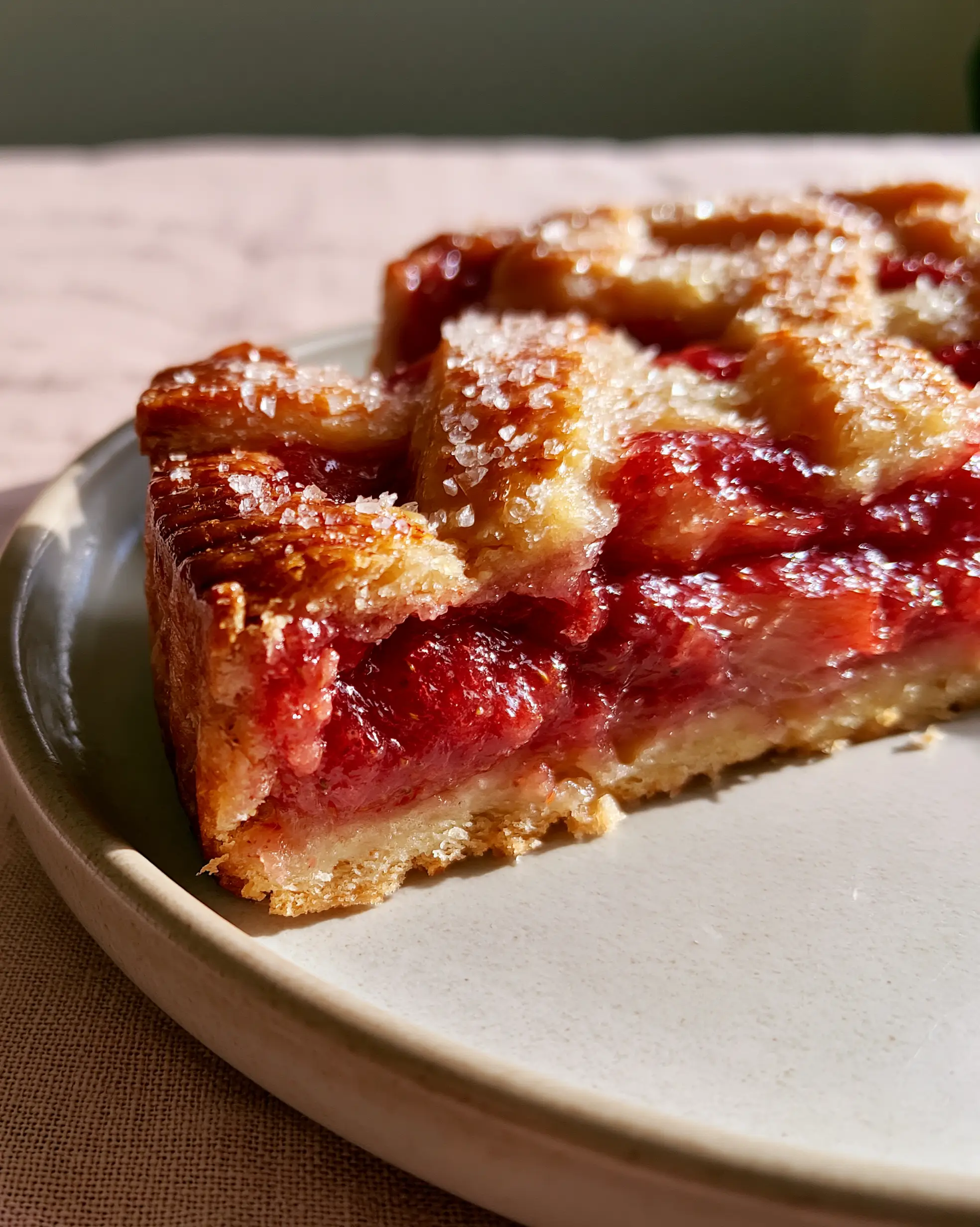 A clean-cut slice of strawberry rhubarb pie showing the thick jammy deep-red filling on a white plate.