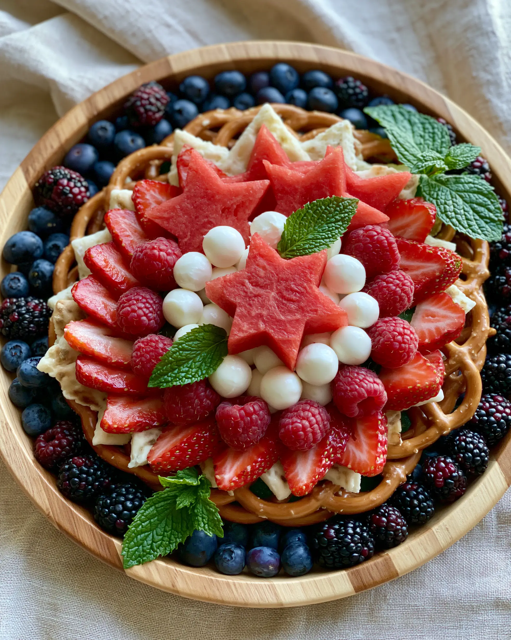 4th of July Party Ideas: The Ultimate Patriotic Fruit and Cheese Grazing Board 3 Close-up of blueberries, blackberries, and watermelon stars on a wooden platter as part of 4th of July party ideas.