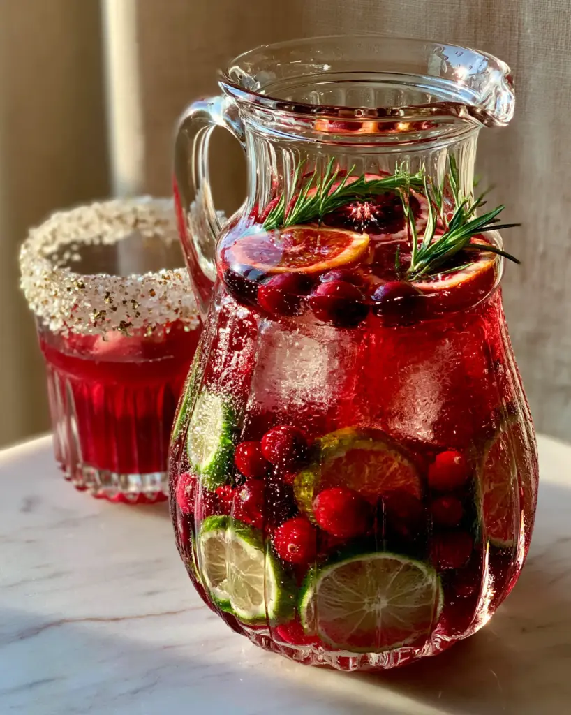 Holiday Margarita: The Ultimate Crimson Pitcher Cocktail for Festive Entertaining 1 Close up of a rocks glass with a salt and gold rim next to a holiday margarita pitcher.