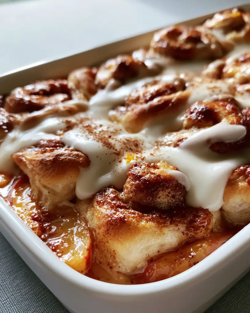 Peach Cobbler Cinnamon Rolls: The Ultimate Gooey Breakfast Mashup 1 Close up of thick white cream glaze pooling into the crevices of a cinnamon roll topped with orange zest. (peach cobbler cinnamon rolls)