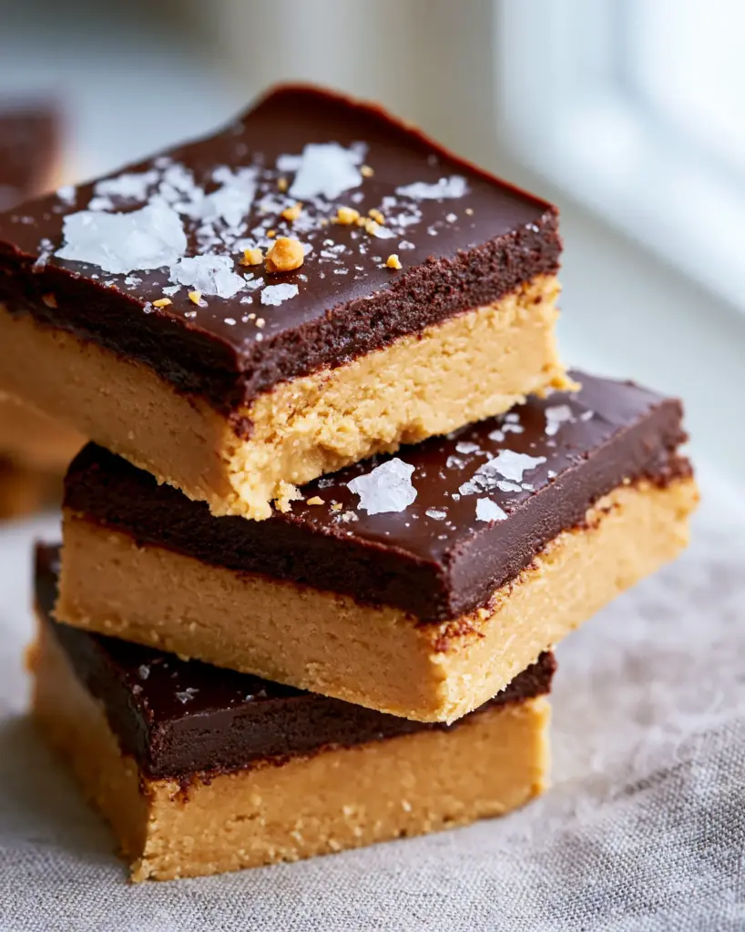 No-Bake Chocolate Peanut Butter Dessert with a Glossy Dark Chocolate Ganache 1 Extreme close-up of a single bar of no-bake chocolate peanut butter dessert with flaky sea salt and crushed peanuts.