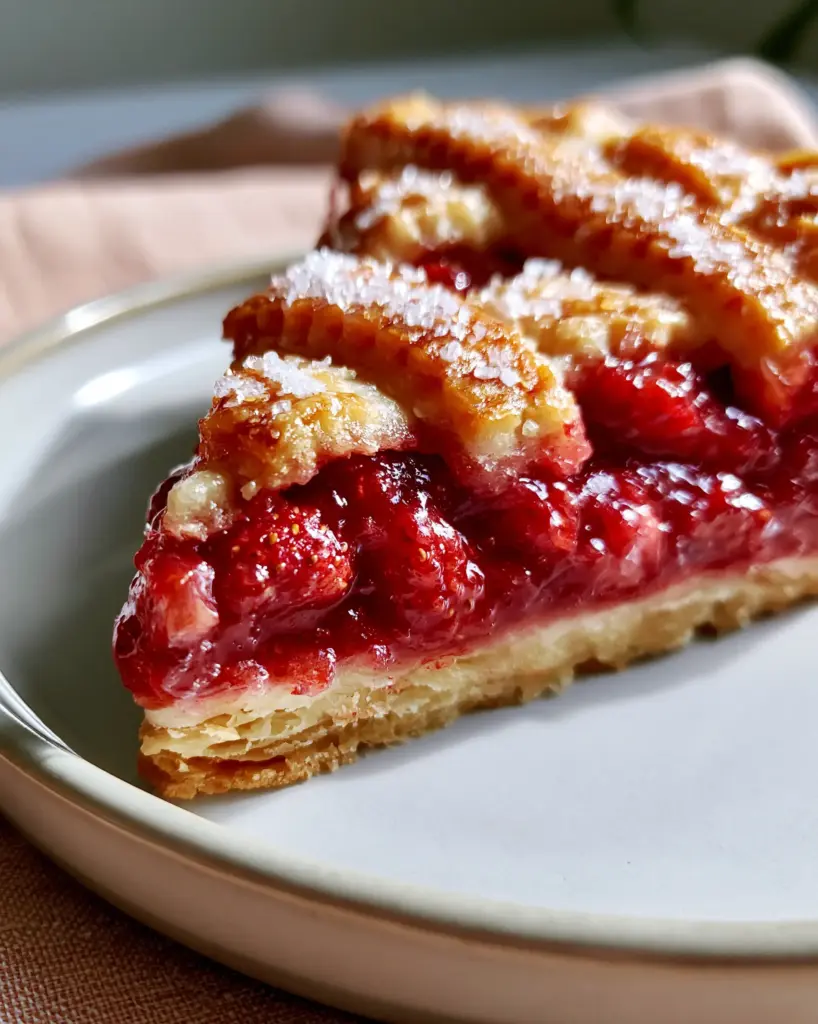 Handheld photo of a slice of strawberry rhubarb pie with a woven lattice top and sparkling sugar.