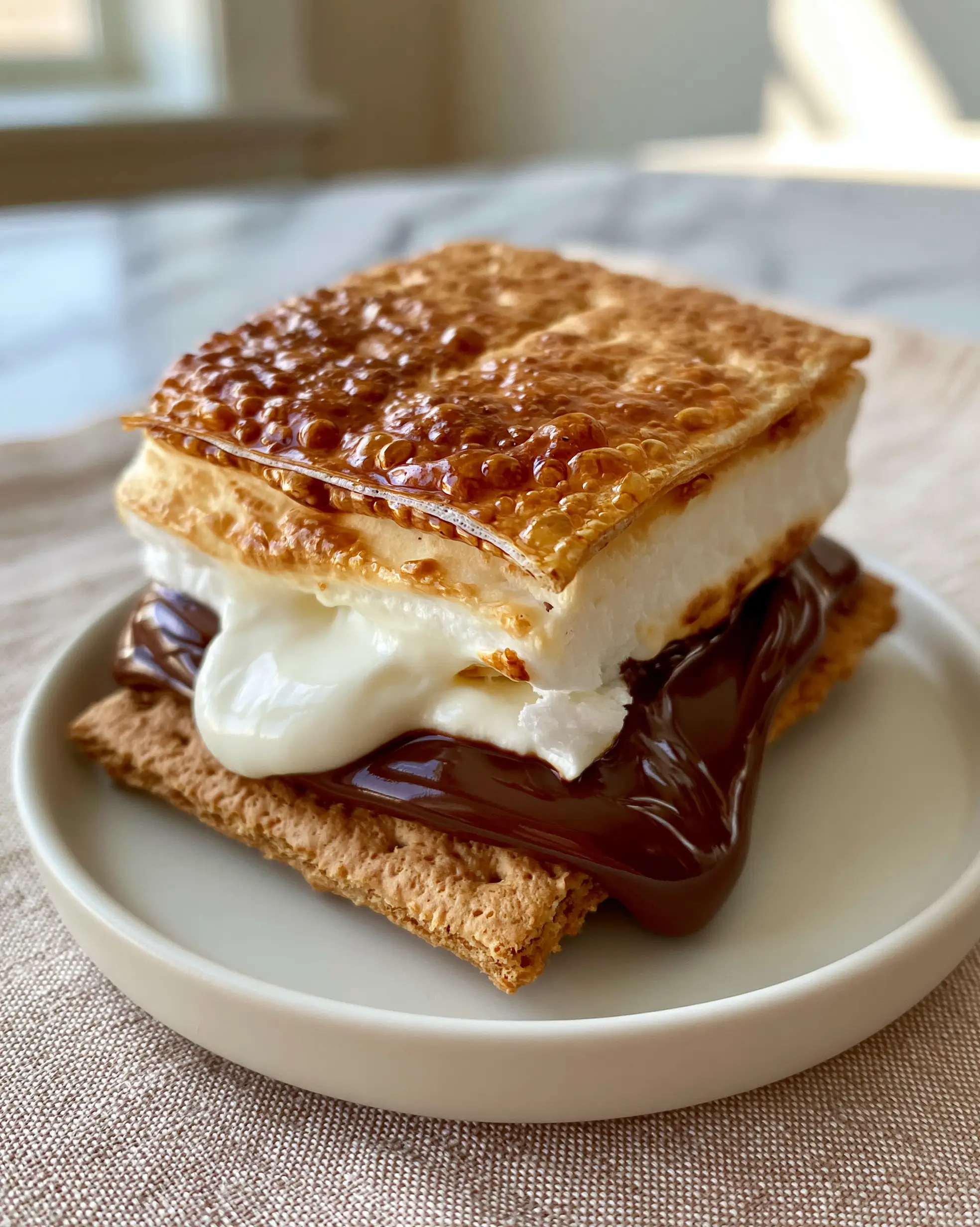 Macro shot of a s'more showing the paper-thin crispy skin of a toasted marshmallow and oozing milk chocolate. (s'mores hacks)