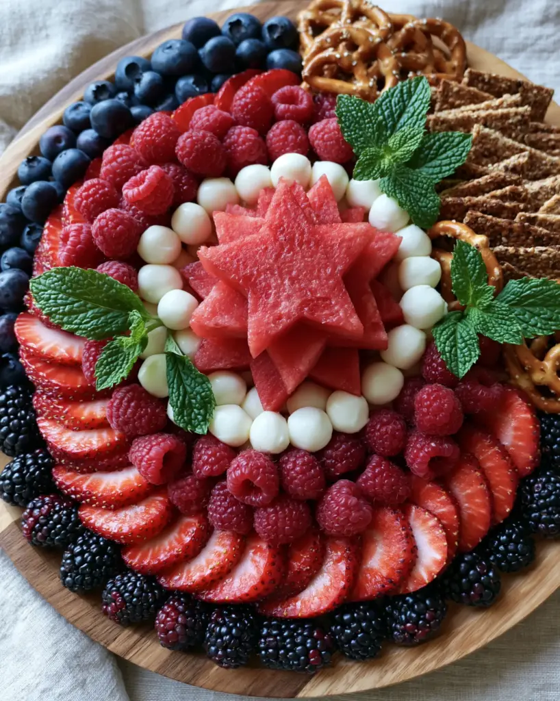 4th of July Party Ideas: The Ultimate Patriotic Fruit and Cheese Grazing Board 1 A complete overhead shot of the patriotic grazing board with yogurt pretzels, crackers, and mint leaves for 4th of July party ideas.