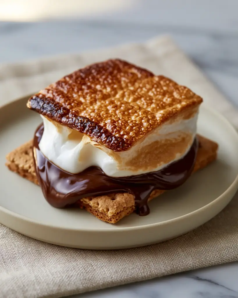 Side view of a s'more on a white ceramic plate with a stretchy marshmallow pull.
