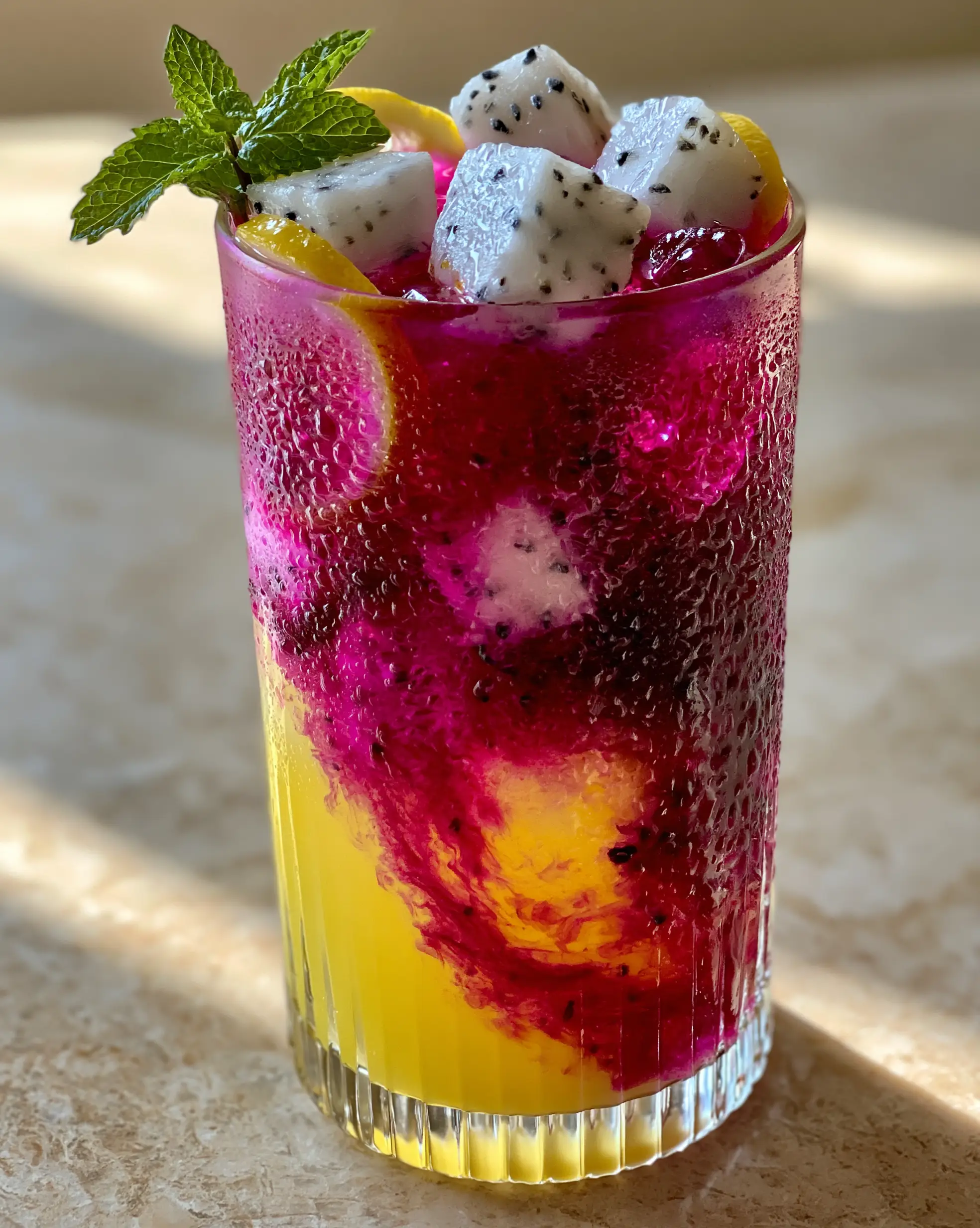 Close-up of dragon fruit lemonade showing heavy condensation beads on a tall ribbed glass with mint garnish.