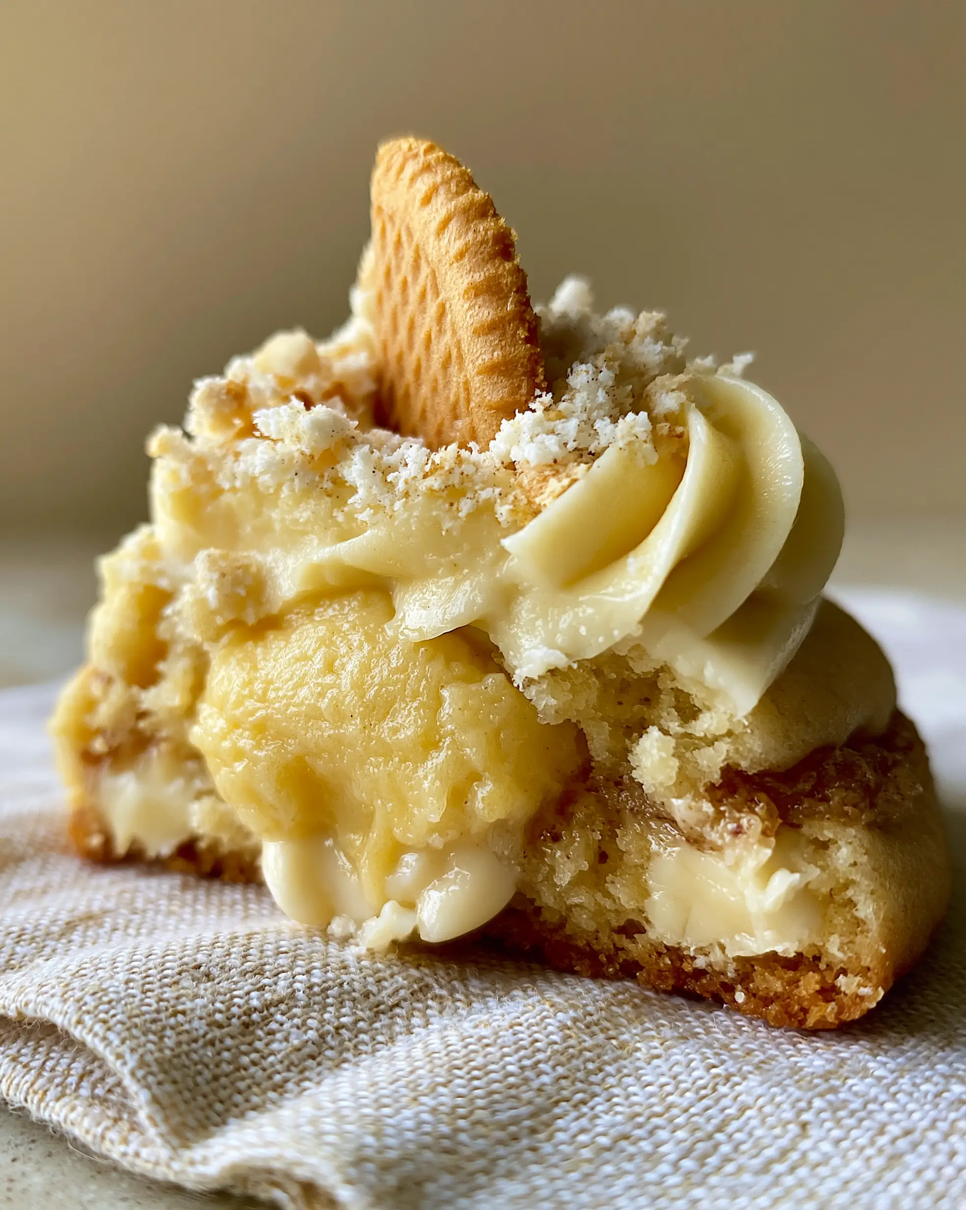 A close-up of a broken banana pudding cookie revealing a gooey, golden-yellow moist center. (banana pudding cookies)
