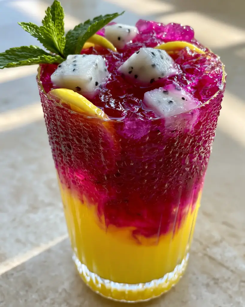 A top-down view of dragon fruit lemonade featuring white dragon fruit cubes and clear square ice.