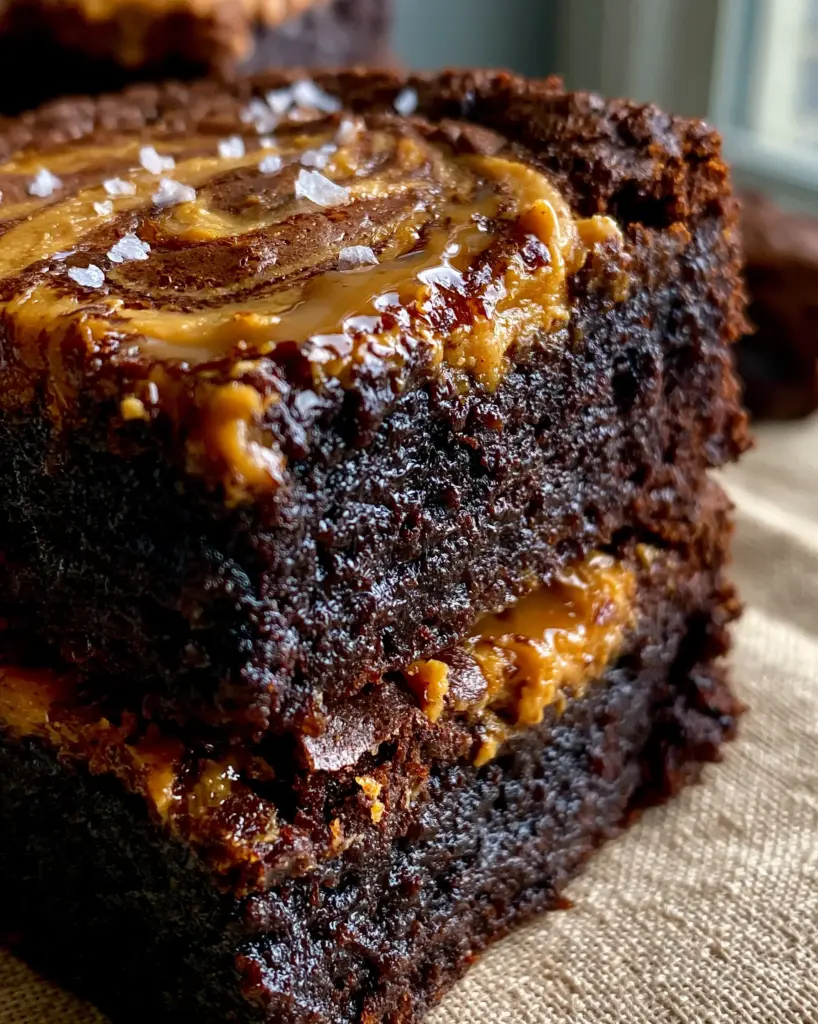 Peanut Butter Brownie Recipe: The Ultimate Fudgy, Obsidian Dark Chocolate Masterpiece 2 Extreme close-up of a Peanut Butter Brownie showing the paper-thin crackled crust and crystalline flaky sea salt. (Peanut Butter Brownie Recipe)