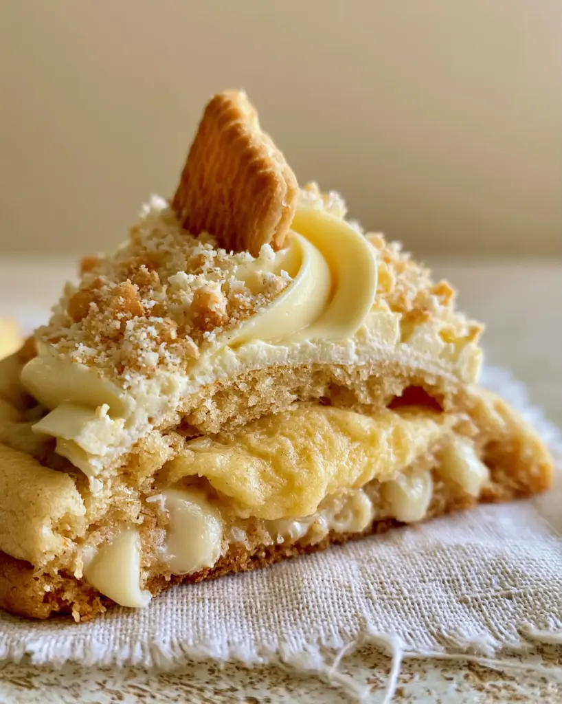 Eye-level view of banana pudding cookies on a rustic linen surface with a single Nilla wafer on top. (banana pudding cookies)