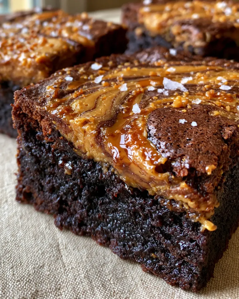 Peanut Butter Brownie Recipe: The Ultimate Fudgy, Obsidian Dark Chocolate Masterpiece 1 Detailed view of the molten chocolate interior and thick golden-tan peanut butter ribbons in a sliced brownie.