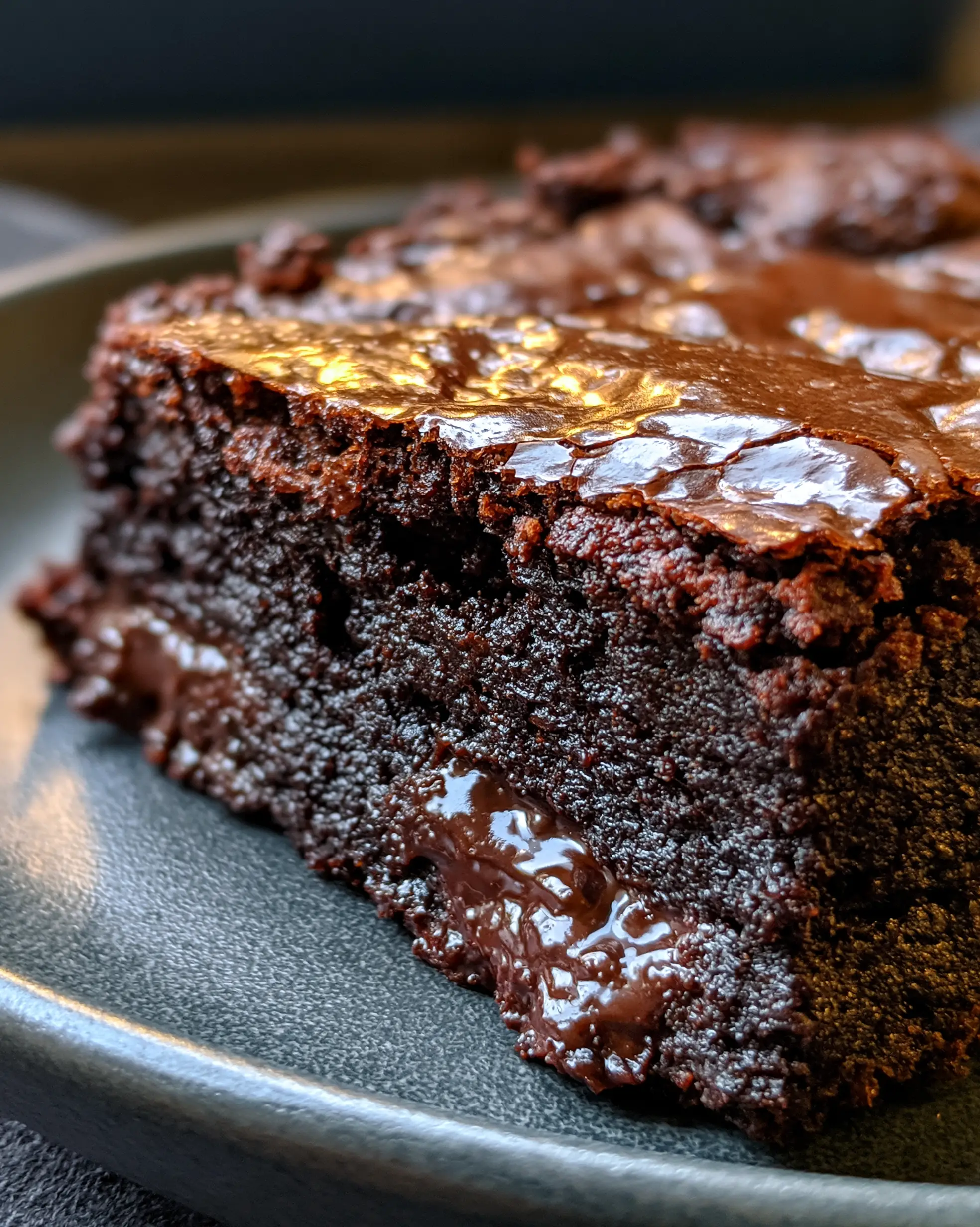 Extreme macro close-up of brown butter espresso brownies on a matte ceramic plate.