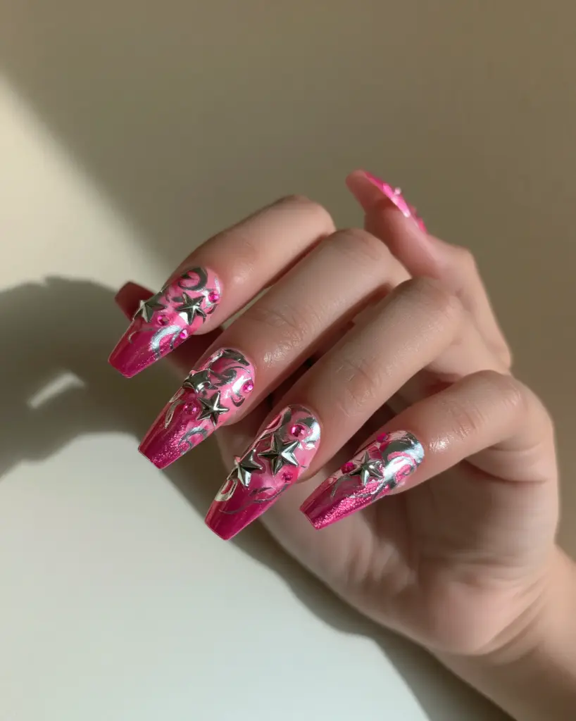 Y2K Press On Nails: The Ultimate DIY Guide to Pink Chrome Coffin Glamour 1 Detailed shot of coffin-shaped press-on nails with liquid silver swirls and a glassy top coat. (Y2K press on nails)