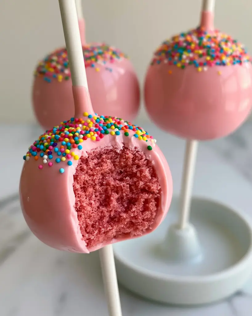 Close up photo of a Birthday Cake Pop with a bite taken out, showcasing the moist, dense, vibrant pink vanilla cake interior.