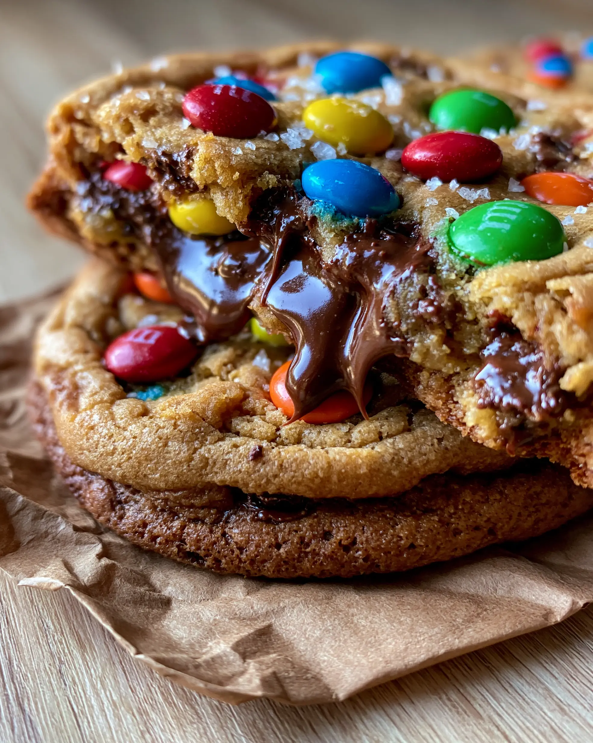 Close-up of a broken M&M cookie revealing a soft-baked chewy center and stretching chocolate pools. (M&M cookies)
