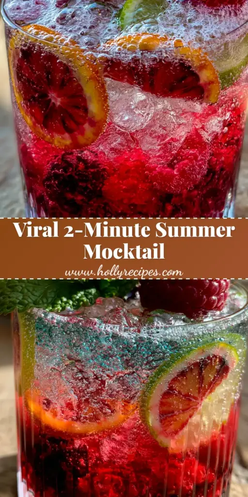 A tall, vibrant layered summer drink with muddled berries at the base, crushed ice, floating blood orange and lime slices, and a sparkling water top layer. (summer drinks)