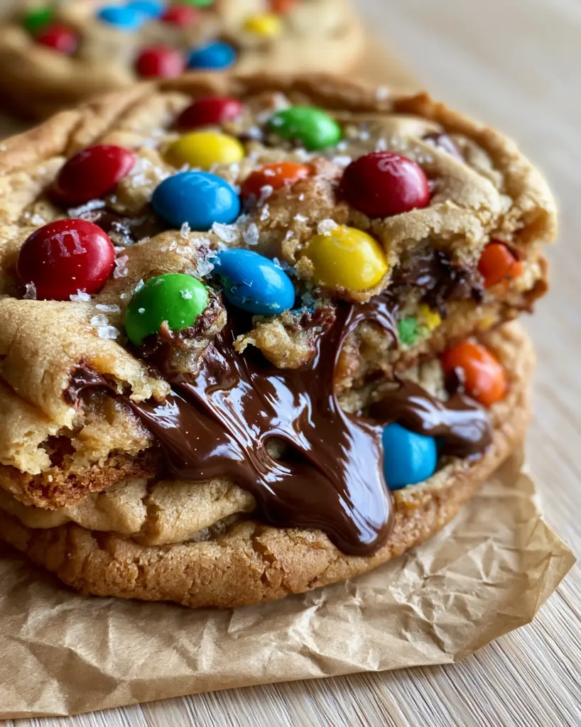 A stack of two M&M cookies featuring red, blue, green, yellow, and orange candies with caramelized edges.