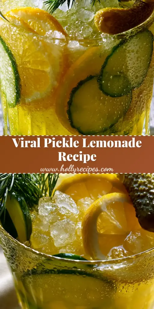 A tall ribbed glass filled with Pickle Lemonade, crushed ice, a dill sprig, and a textured gherkin pickle garnish on a linen background.