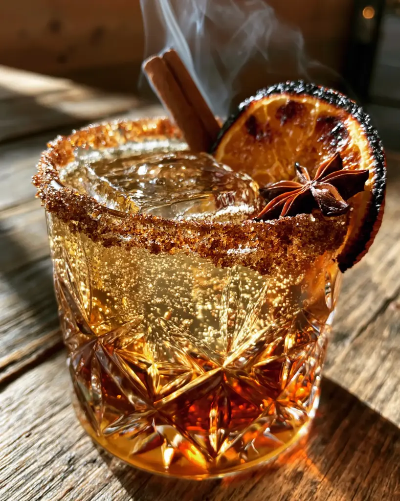 Spiced Rum Cocktails with Smoked Cinnamon and Sparkling Apple Cider 2 Close up of a crystal glass filled with a deep amber spiced rum cocktail and a large clear ice cube. (spiced rum cocktails)