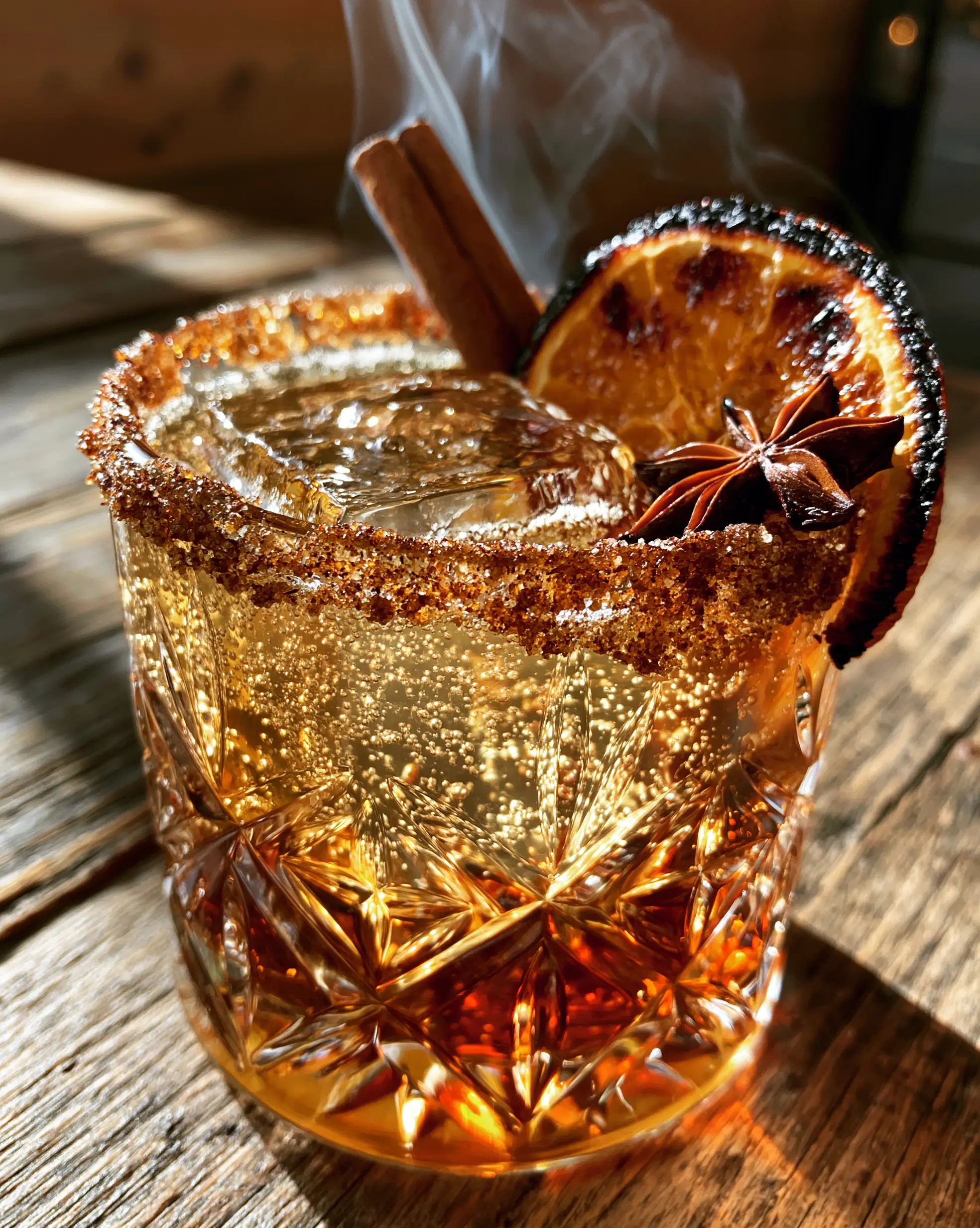 Spiced Rum Cocktails with Smoked Cinnamon and Sparkling Apple Cider 3 Close up of a crystal glass filled with a deep amber spiced rum cocktail and a large clear ice cube. (spiced rum cocktails)