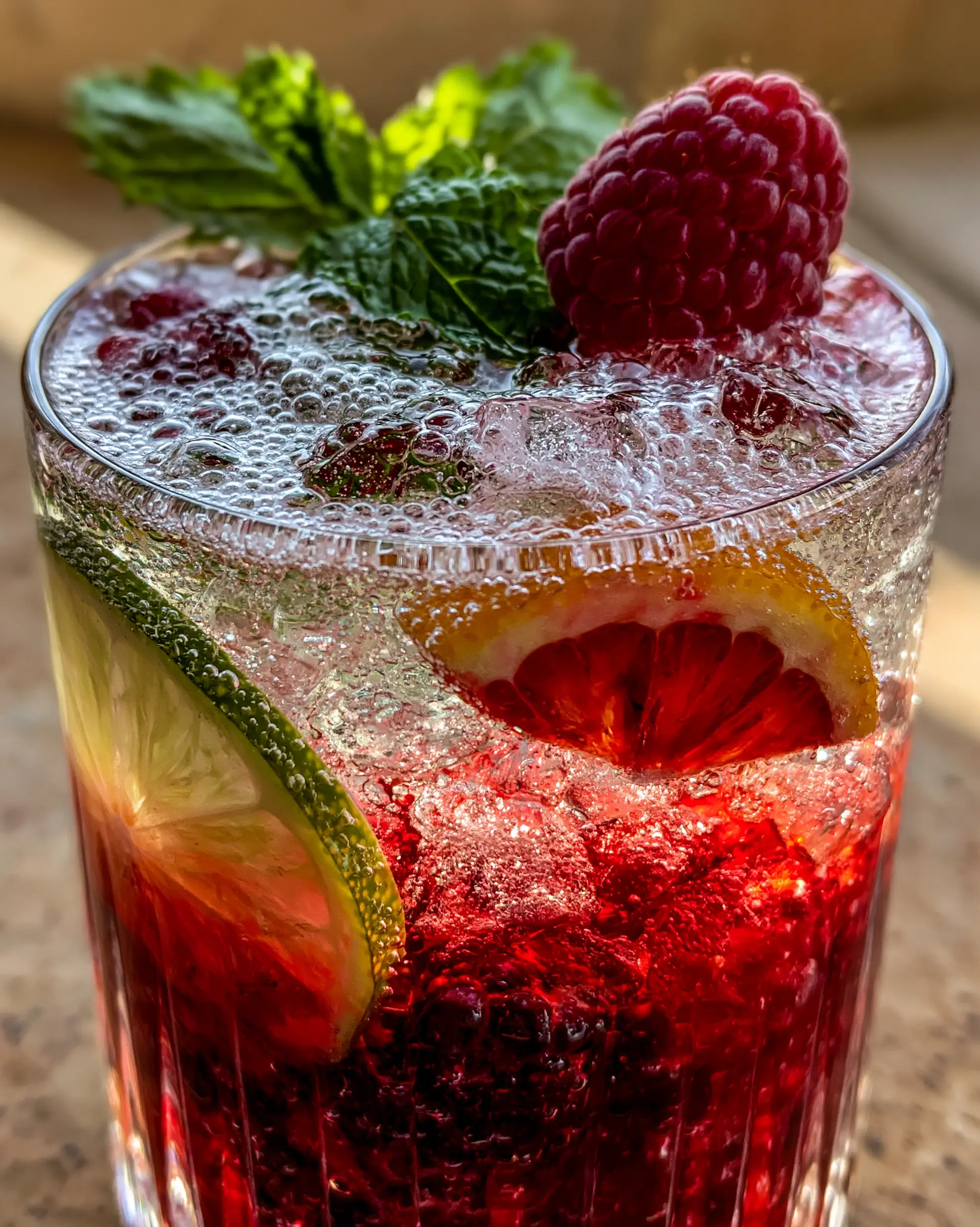 Close-up of a ribbed glass featuring muddled raspberries and active sparkling water bubbles. (summer drinks)
