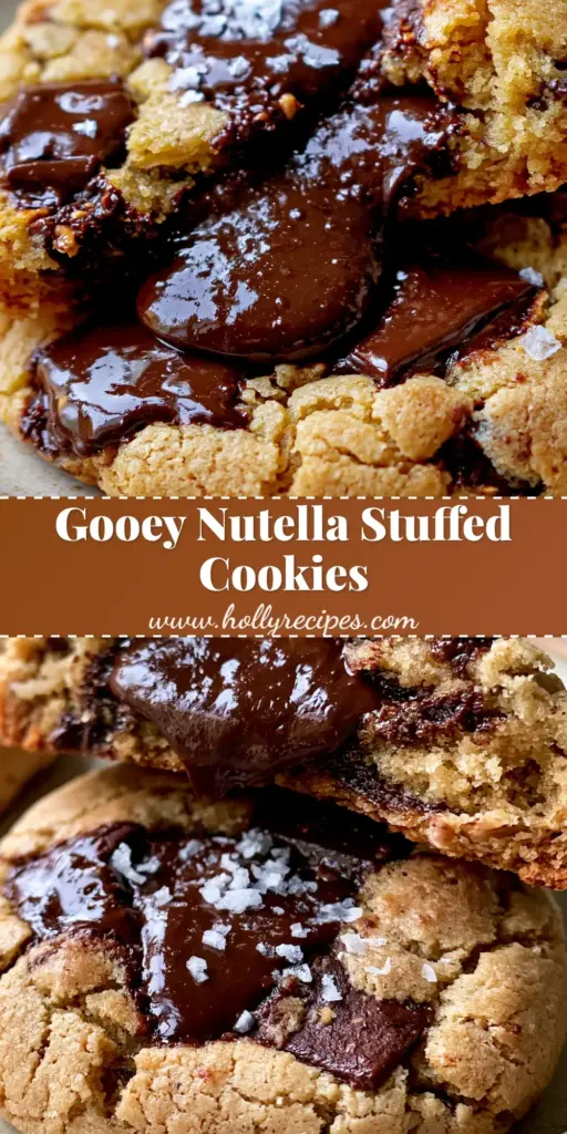 A warm, freshly baked chocolate stuffed cookie pulled apart to show a molten hazelnut center on a beige plate.