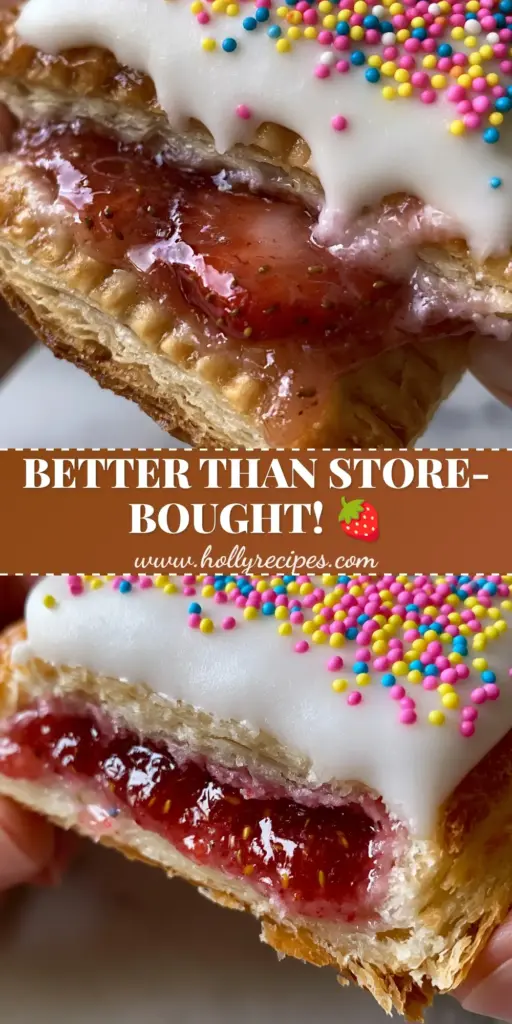 A close-up of a golden flaky strawberry pop tart with thick white glaze and rainbow sprinkles on a marble surface. (homemade pop tarts)