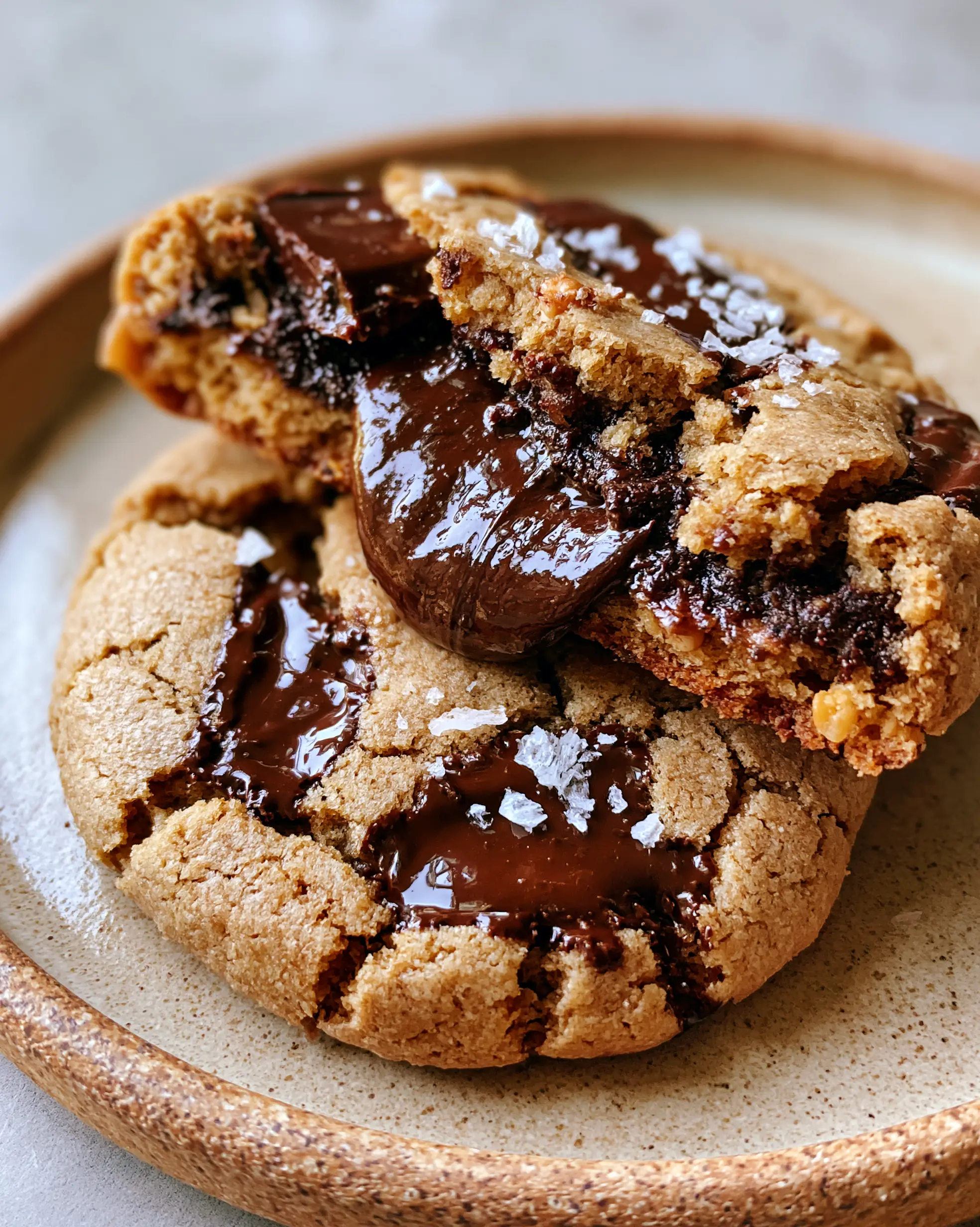 Extreme close up of chocolate stuffed cookies showing melted dark chocolate chunks and sea salt.